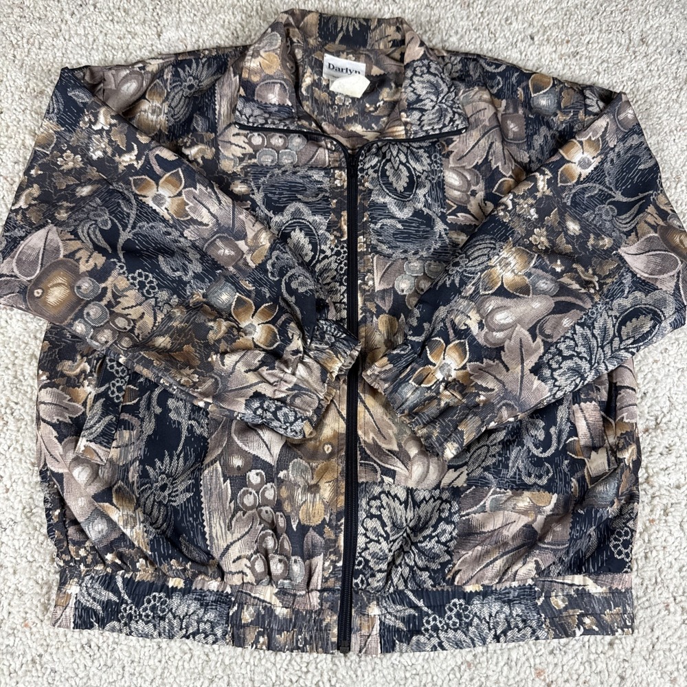 Vintage 90s Darlyn Tapestry Jacket Womens M Floral Fruit Full Zip Made USA